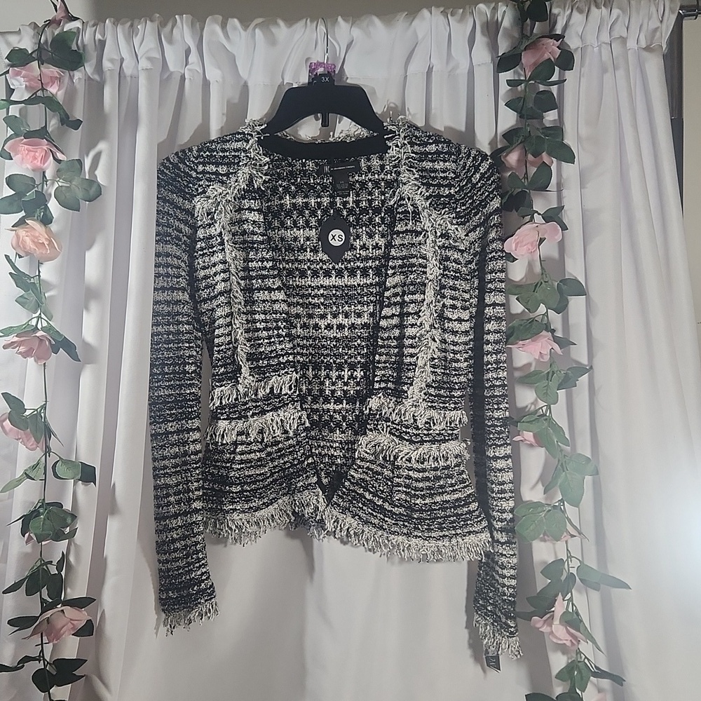 International Concepts Black and White Fringe Blazer Size XS On Sale